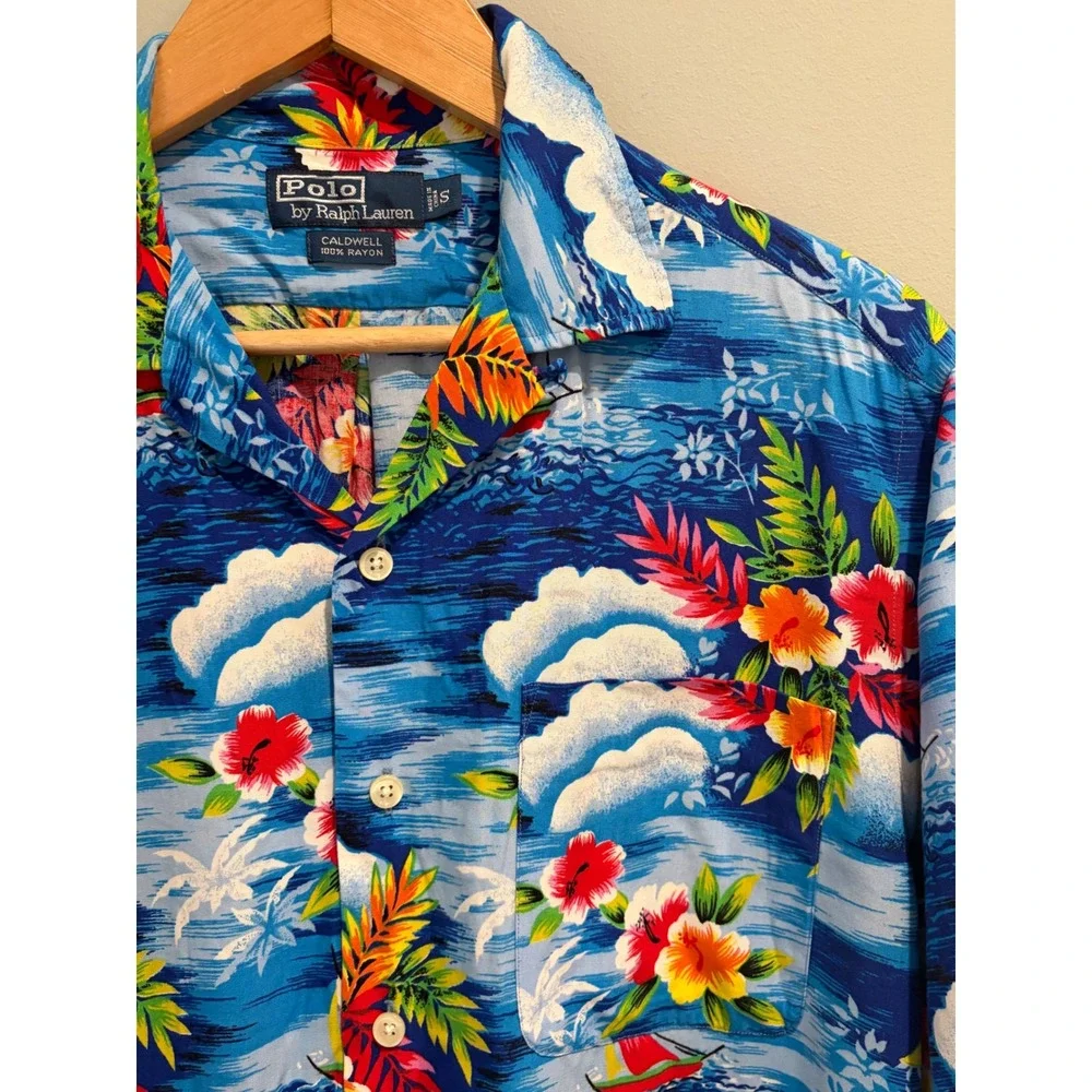 Polo Ralph Lauren Vintage Caldwell Hawaiian Shirt BlueTropical Floral Sailboat S